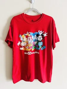 Walt Disney World Mickey Mouse Rainbow Men's L Graphic Red Cotton Tee Shirt - Picture 1 of 2