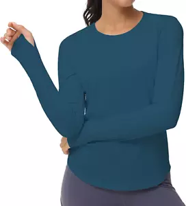 Women'S Long Sleeve Workout Shirts Athletic Crewneck Hiking Tops with Thumb Hole - Picture 1 of 12
