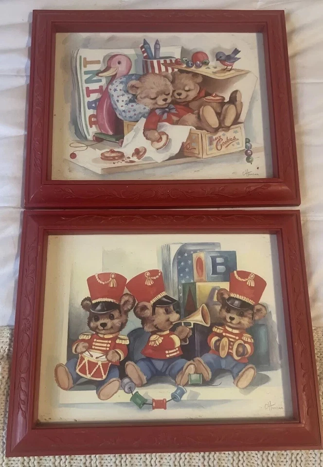 Oso de peluche vintage niños guardería estampados 2 con marcos rojos de colección C Hansen Foto 1 de 4