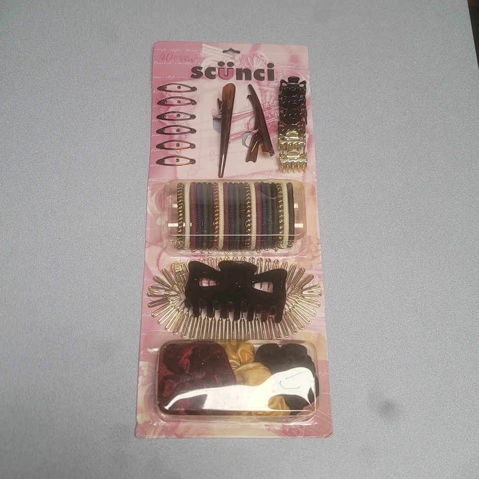 Vintage Scunci 40 Piece Hair Accessory Kit Set NIP NOS Bands Jaw Clip Black Gold - Image 1 of 4