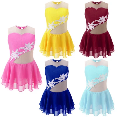 Girls Sleeveless Rhinestones Figure Ice Skating Leotard Dress Ballet Dance Wear