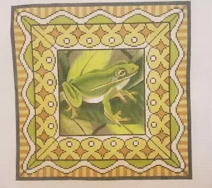 Needlepoint Canvas Handpainted Frog, Pillow, Green, Artist Signed 11x11, 13 Ct - Picture 1 of 12