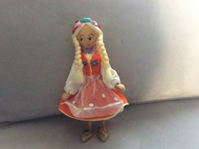 Polish Girl Doll Wooden Peg Wood Folk Art Poland Painted Face 7 1/4 Inch Vintage