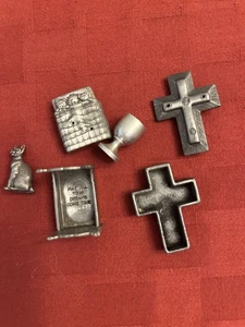 Six Pewter Small Pieces Goblet Bed Cat Cross is 2 and 3/4" by 1 and 1/4" - Picture 1 of 2