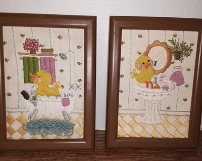 VINTAGE Duckies in The Bathroom Hand Embroidered Crewel 2pc Frame Set 8inx6in - Image 1 of 4