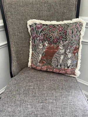 Tapestry Pillow With Gray Cats Fringe Multicolor Decorative Throw Size 16 X 16 - Image 1 of 4