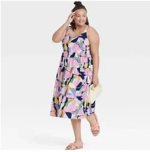 Ava & Viv Midi Dress Pink Multicolor Floral Sleeveless Tiered Skirt Size 1X - Imagen 1 de 14