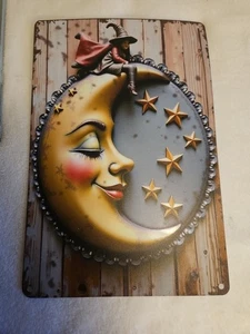 Incantevole Volto di Luna con Stelle e Strega Insegna in Metallo Alluminio  - Foto 1 di 3