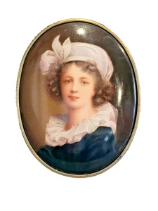 Broche de porcelana antiguo - grande 3-3/4"x 2-7/8" tema: Elisabeth Vigee Le Brun - Imagen 1 de 3