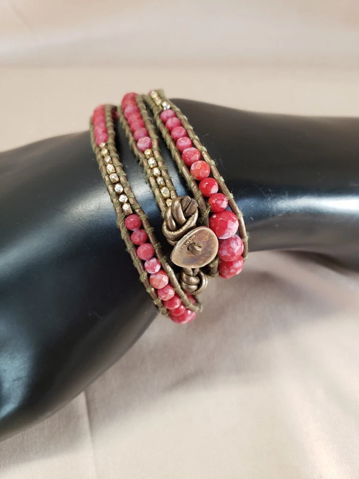 Pulsera Chan Luu Bronce Cuero y Piedras Preciosas Fucsia Cuentas 21" Foto 1 de 4