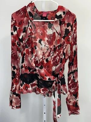 Sunny Leigh Women’s Red Floral Ruffle Pleated Wrap Blouse, Size Medium.  3W - Image 1 of 4