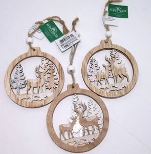 NWT's Kurt Adler ~ set of 3 WOOD CUTOUT DEER in Forest ORNAMENTS Silver Glitter - Picture 1 of 3
