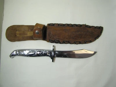 Cuchillo de caza de hoja fija Saladmaster de colección con funda de cuero hecha a mano USADO Foto 1 de 4