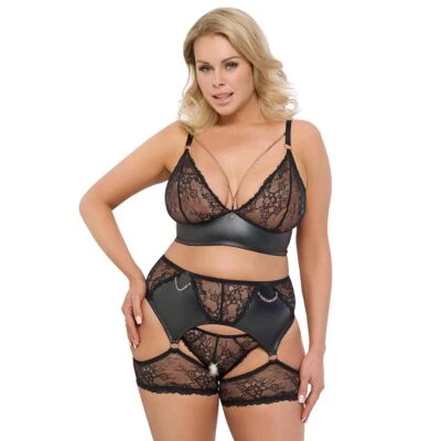 Sexy Straps BH-Set XL-3XL Slip Dessous Erotik Reizwäsche Wetlook Spitze "Ireeny" - Bild 1 von 4