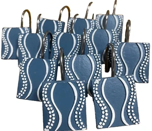 Teal Blue White Acrylic Dots Swirls Shower Curtain Hooks Silver Tone Hook Set/12 - Picture 1 of 5