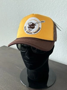 RETRO SWINGING FRIAR LOGO BROWN SAN DIEGO PADRES FOAM TRUCKER MESH HAT CAP NEW - Picture 1 of 6
