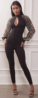 NWT Bebe Leopard PRINTPUFF SLEEVE CATSUIT SzM - Image 1 of 4