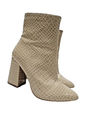 Boohoo Botines Para Mujer Talla 5 Tacón Bloque Cocodrilo Repujado Beige Imitación Cuero Foto 1 de 4