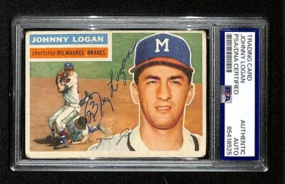 Tarjeta Topps 1956 firmada/automática Johnny Logan #136 Milwaukee Braves PSA/DNA 194869 Foto 1 de 2
