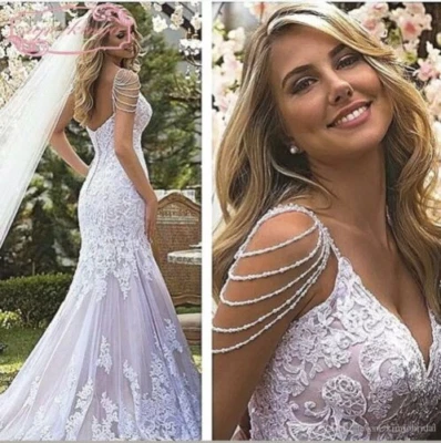 Sexy V Neck Backless Mermaid Wedding Dresses Lace Appliques Beaded Bridal Gown - Image 1 of 4