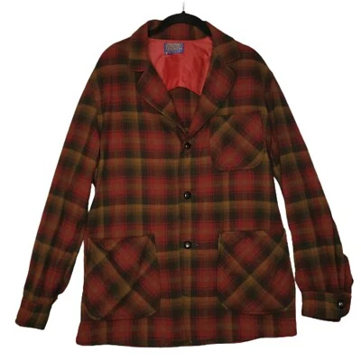 Vintage Hombre 49er Talla Pequeña Rojo Cuadros PENDLETON Camisa Chaqueta Cuero Botones Foto 1 de 4