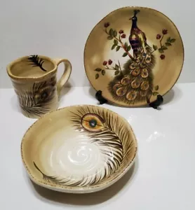 Peacock Hand Painted Tabletops Gallery 3PC Mug Bowl Plate Set   - Picture 1 of 6