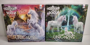 Glitter Unicorns & Waterfall 100 Piece Jigsaw Puzzles 13" x 13" Lot of 2 - Picture 1 of 3