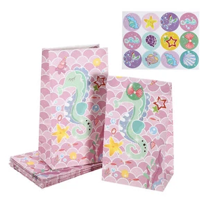 12pcs Paper Gift Bags Mermaid Candy Bags Party Bags with Stickers 13x8x24cm Pink - Picture 1 of 7
