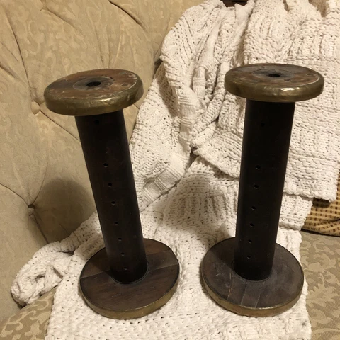 Set of 2 Large Antique Wood & Brass Spools Industrial Textile 11 1/2” Cover