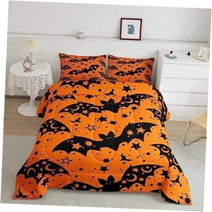 Kids Happy Halloween Comforter Set Queen Size Cobweb Bat Cute Star Print - Picture 1 of 8