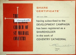 Seltenes Coventry Local History Share Certificate in Cathedral 1970 can't find anoth - Bild 1 von 2