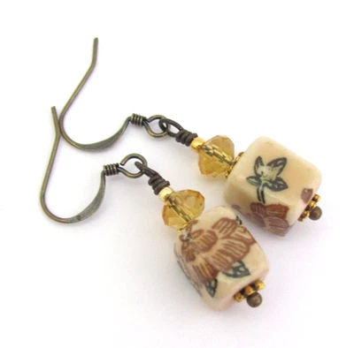 Фарфоровые азиатские серьги с бусинами цитрин кристалл богемное стекло висячие антикварные латунь - Изображение 1 из 4