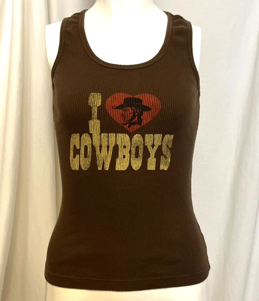 Camiseta sin mangas I Love Cowboys marrón acanalada vintage azul ancla talla Algodón grande ~ lindo ~ Foto 1 de 4