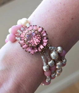 Signed - Miriam Haskell - Pink Glass & Pearl Beaded Bracelet Vintage & Perfect - Picture 1 of 5