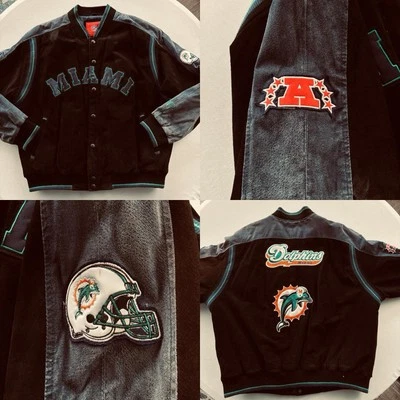 Chaqueta de Cuero Vintage Miami Dolphins XXL - Logo Retro Trasero - Cremallera Frontal A Presión Foto 1 de 4