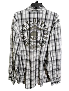 HARLEY DAVIDSON Button Down Shirt Plaid Skull Logo SZ 3XL XXXL Black Gray White - Picture 1 of 8