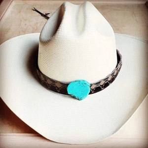 Banda de sombrero de vaquero de cuero en relieve navajo con losa turquesa - Imagen 1 de 3