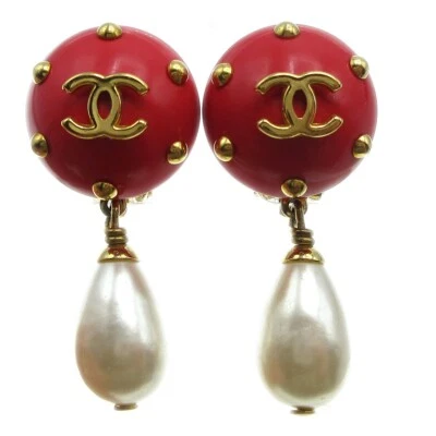 Pendientes colgantes Chanel perlas artificiales con clip rojo 96C 18597 Foto 1 de 4