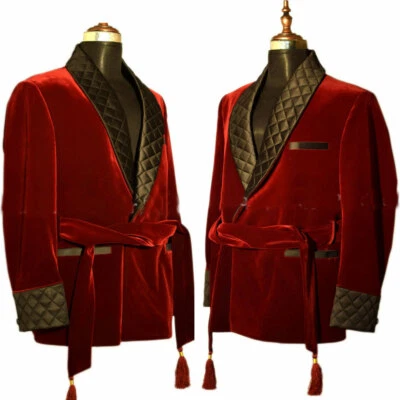 Men Maroon Smoking Jackets Elegant Luxury Belted Designer Party Wear Blazer Coat - Image 1 of 4
