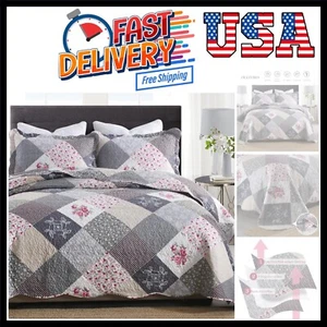 Farmhouse Quilts King Size - King Quilt Set Grey Bedspread Reversible Patchwo... - Picture 1 of 8