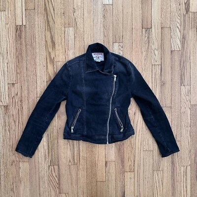 True Religion 女式黑色牛仔机车夹克部分摩托车休闲世界巡回赛 M — 第 1/2 张图片
