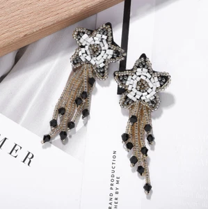 Black And Gold Handmade Beaded Star Tassels Earrings - Picture 1 of 2