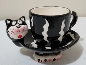 Vintage 2000s Cat pedestal saucer and Coffee Mug Hand Painted Black and White - Picture 1 of 9