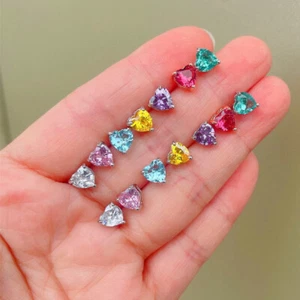 7pcs Set Weekly Jewelry Lovely Heart Shape Gemstone Silver Women Stud Earrings - Picture 1 of 9