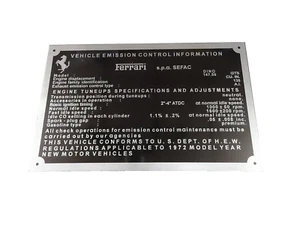DATA PLATE FITS TO FERRARI EMISSION CONTROL MAINTENANCE TUNEUP SPECIFICATIONS - Picture 1 of 6