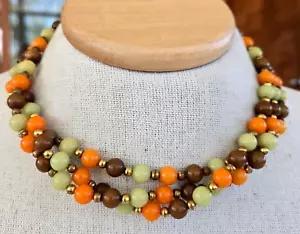 Vintage Orange Sage Green & Brown Plastic w/ Gold Tone Bead Strand Necklace 50" - Picture 1 of 9
