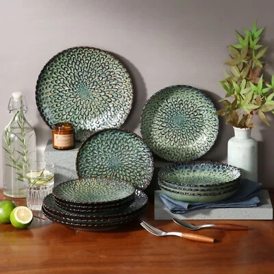 Geschirr Set Blumen Design Steinzeug grün 4/8 Personen 12/24-tlg. chrys - Bild 1 von 4