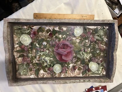 20” Vintage Floral Shadow Box Serving Tray Wedding Shower Shabby Chic Pink Glass - Image 1 of 4