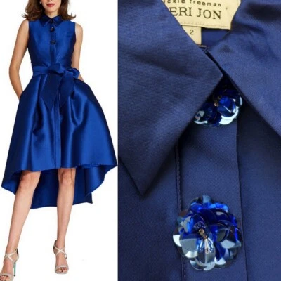 NWT TERI JON by Rickie Freeman Sequin Mikado High-Low Shirtdress in Royal 2/4 - Image 1 of 4