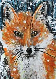 Pintura ORIGINAL ACEO Zorro Rojo Invierno Nieve Pino Paisaje Animal Naturaleza ARTE - Imagen 1 de 1